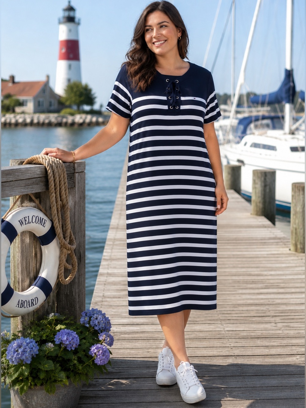Tommy Hilfiger Navy & White Striped Lace-Up Midi Dress
